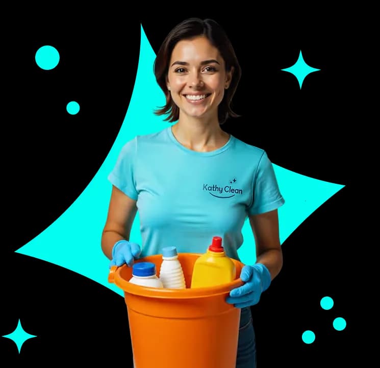 Professional cleaner from Kathy Clean Houston holding cleaning supplies